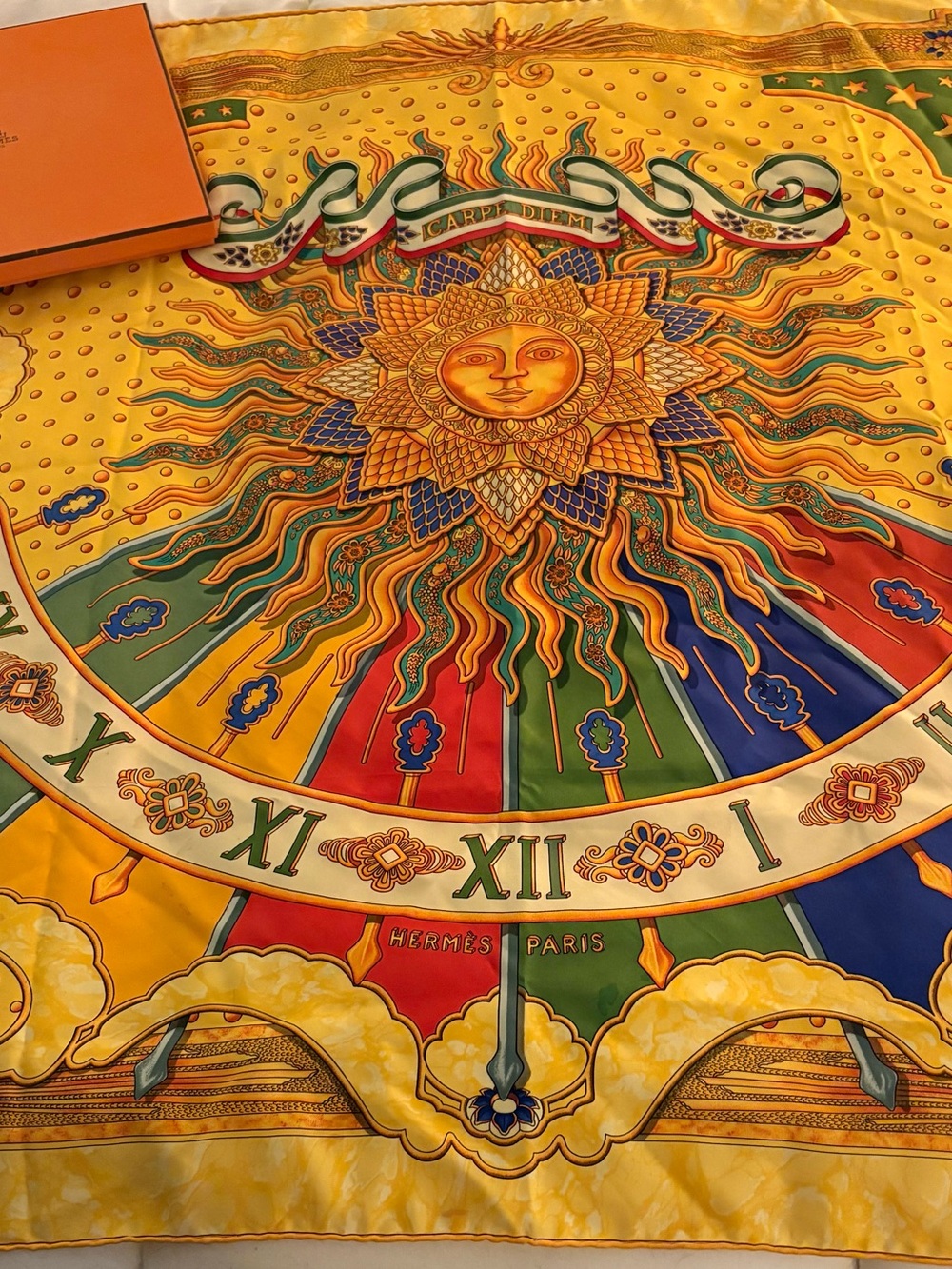 Hermès Multicolor Sun Dial Silk Scarf in Vibrant Yellow, Green, Red, Blue